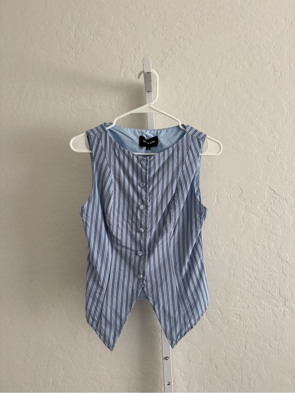 Sleeveless Light Blue Pinstripe Button-Front Blouse